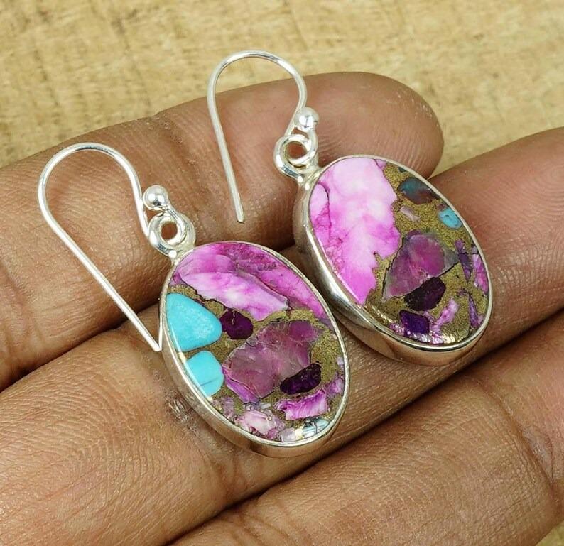 

Solid 925 Sterling Silver Oyster Copper Turquoise Gemstone Earrings Handmade Jewelry Bohemian Earring Anniversary Gift