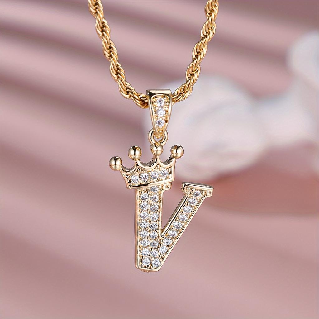 1 Pc Golden Color 26 English Letter Princess Crown Necklace Pendant Wedding Band Jewelry Valentine's Day Gift