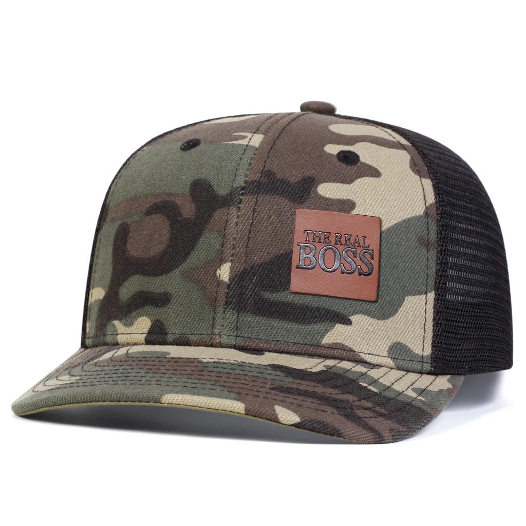 Unisex THE REAL BOSS Letter Brown Leather Label Baseball Net Caps Outdoor Adjustable Spring and Summer Casual Sunscreen Hat