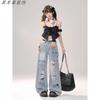 High-waisted Ripped Workwear Jeans for Women New Style with Loose Ribbons Straight-leg Washed Floor Mopping Pants Old Fashion