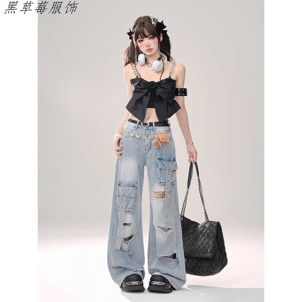 High-waisted Ripped Workwear Jeans for Women New Style with Loose Ribbons Straight-leg Washed Floor Mopping Pants Old Fashion