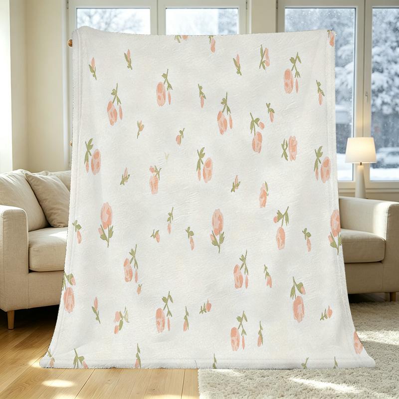 Flannel Throw Blanket - Short Plush Floral, Soft Warm Anti-Shed, Cozy Bedroom Decor for Single, Halloween & Christmas Home Use