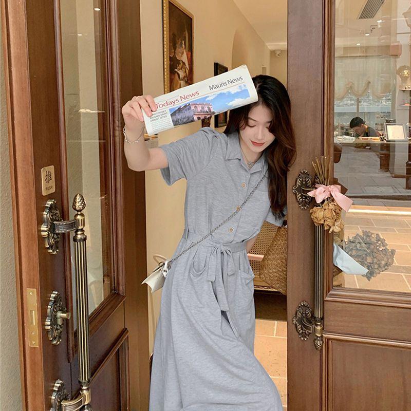 Skjortekjole Koreansk sommerversjon av løs tynn høy midje Mellomlangt skjørt Knelange kjoler