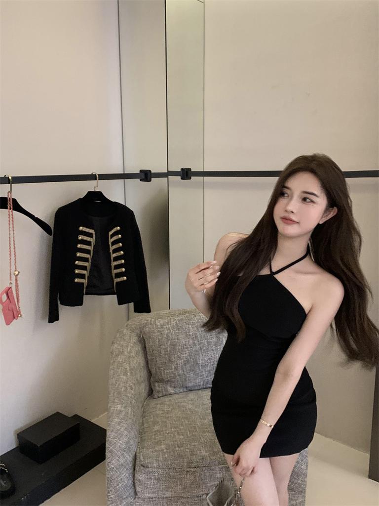French one-word shoulder neck suspender dress women's summer pure desire spice girl sexy tight waist temperament hip skirt