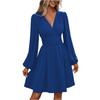 Women's Fashionable Solid Color V Neck Long Sleeved Pleated Versatile Dress