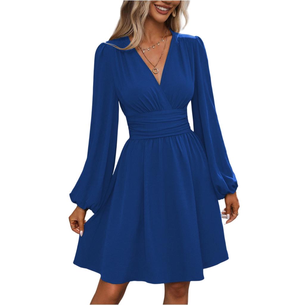 Women's Fashionable Solid Color V Neck Long Sleeved Pleated Versatile Dress