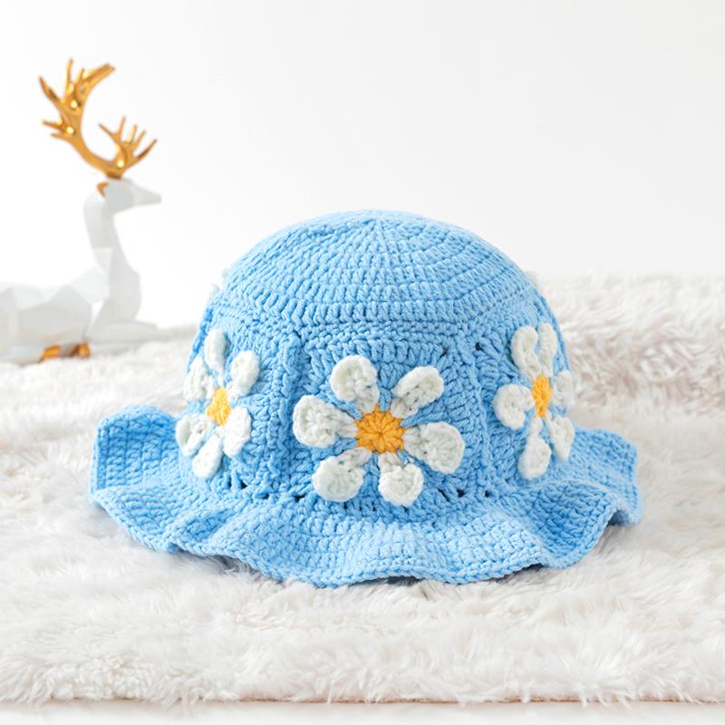 Women Plush Hat Bowler Hat Knitted Hat Breathable Handmade Crochet Vibrant Floral Pattern Cute Hollow Ruffles Colorful 56-58cm
