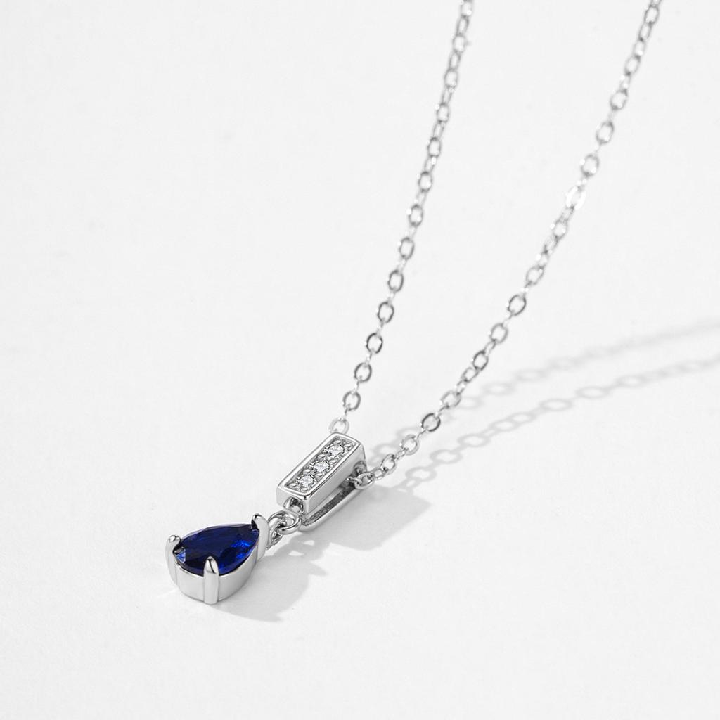 Rhodium Plated Women's Trendy Link Chain S925 Sterling Silver Sapphire Blue Water Drop Zircon Pendant Necklace