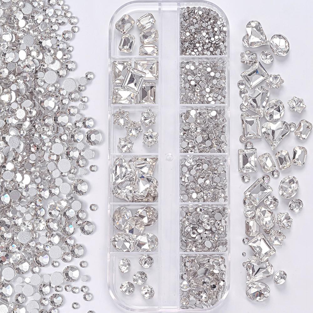 

1Box 3D Clear Nail Art Rhinestones 12Shapes Mixed Oval,Butterfly,Heart,Flower,Round Diamond Nail Charms DIY Nail Art Decoration