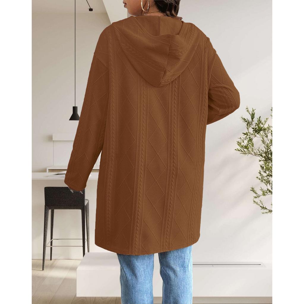 Dames Strandet Mønstret Hette Midilengde Trenchcoat Jakke Cardigan