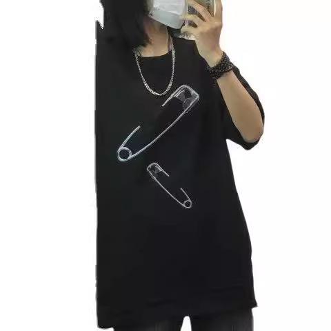 Design sense paperclip printing short-sleeved T-shirt women's ins trendy brand summer loose and versatile oversize top trendy men