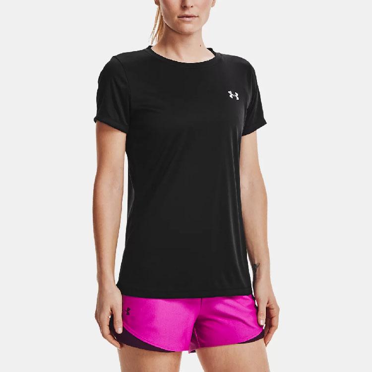 Under Armour Velocity Solid Crew Logo Print Compression Short Sleeve T-Shirt Women Tops Black 1298706-001