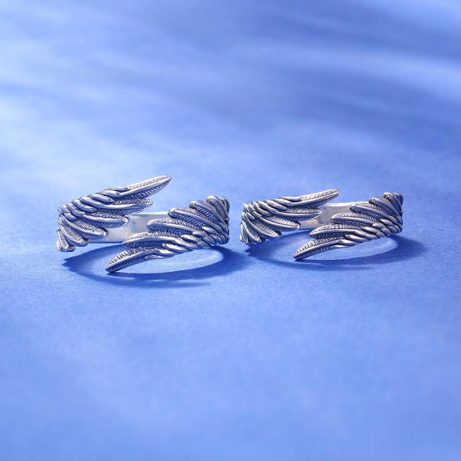 Vintage Oxidized Thai Silver Angel Wings Ring – Creative Feather Design for Men & Women