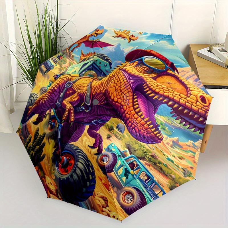 1pc Dinosaur Race Prehistoric Speedsters Pattern Automatic Folding Umbrella - Portable Foldable Travel Umbrella with 8-Rib Dur