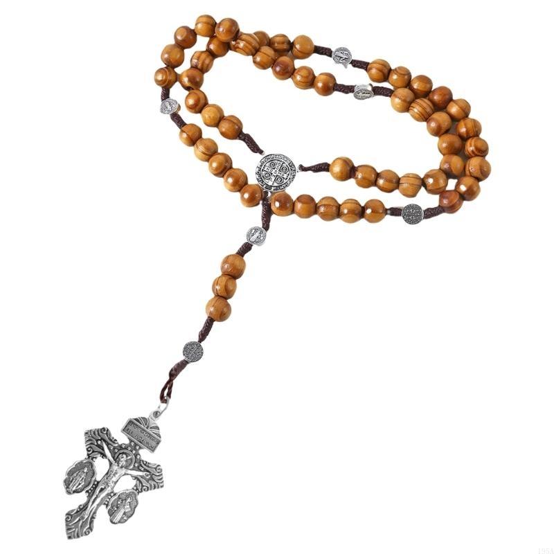 Braided Wood Beads Chain Rosary Necklace with Pardon Crucifix Crosses Medals Pendant Christians Religious Communion Gift