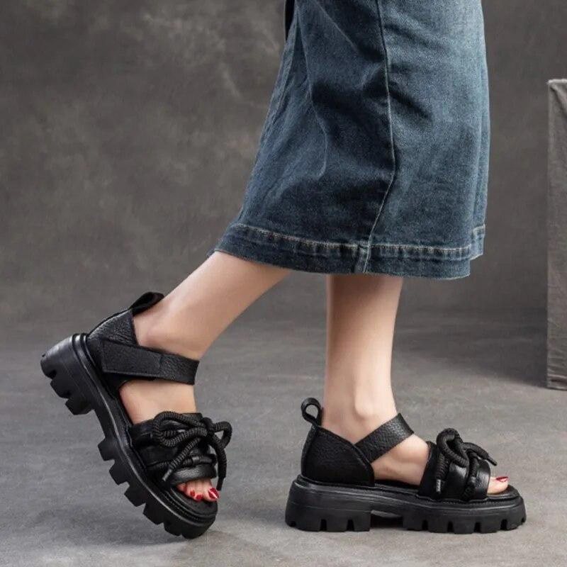 Johnature Versatile Peep Toe Hook & Loop Sandals Retro Genuine Leather Thick Soled Women's Shoes