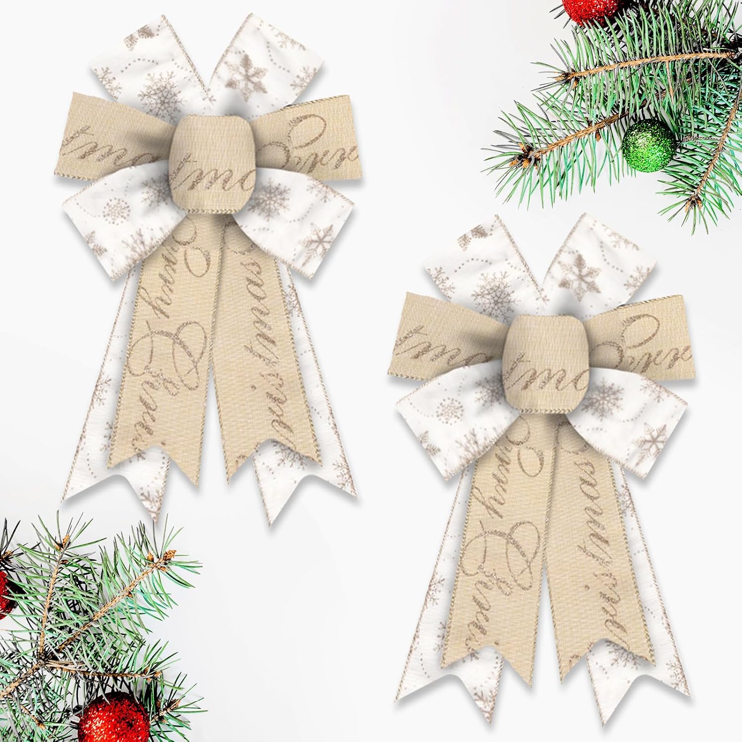 

2pcs Christmas Bows for Wreath Beige White Merry Christmas Snowflake Wired Craft Bows for Holiday Tree Topper Front Door Decor 12.99 x 8.46 in