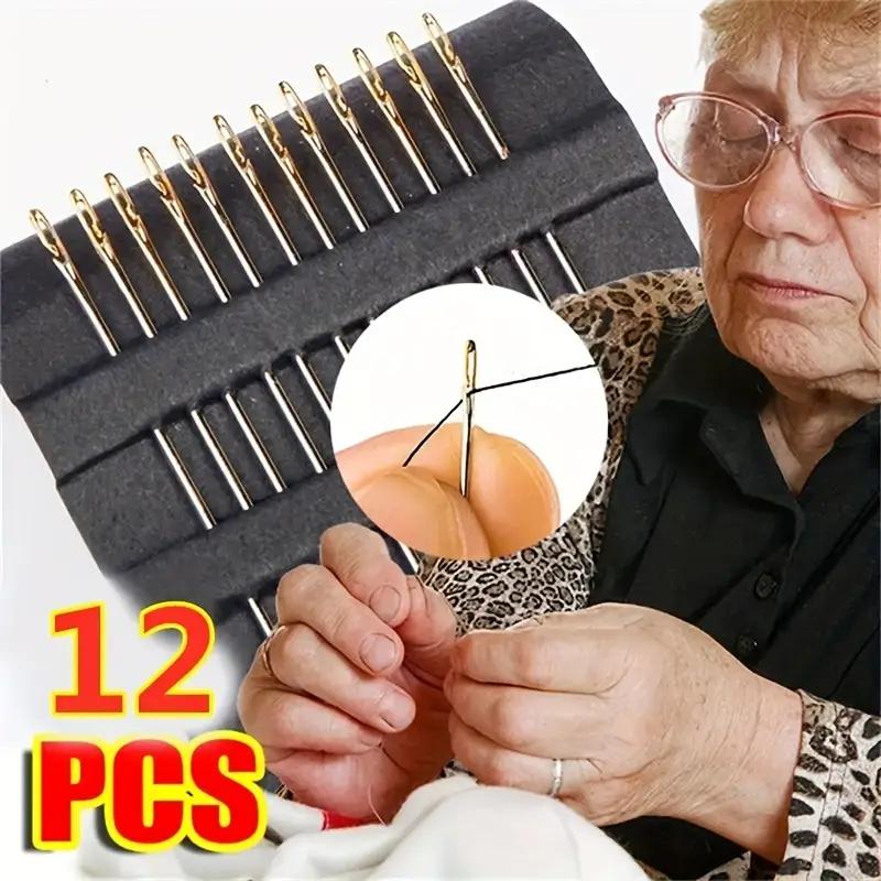 12 kusů samonavlékacích jehel se zlatou ocasní jehlou z nerezové oceli Ručně vyrobený řemínek na jehlu Dřevěná úložná krabička Oblečení pro kutily a navlékání nití Umění