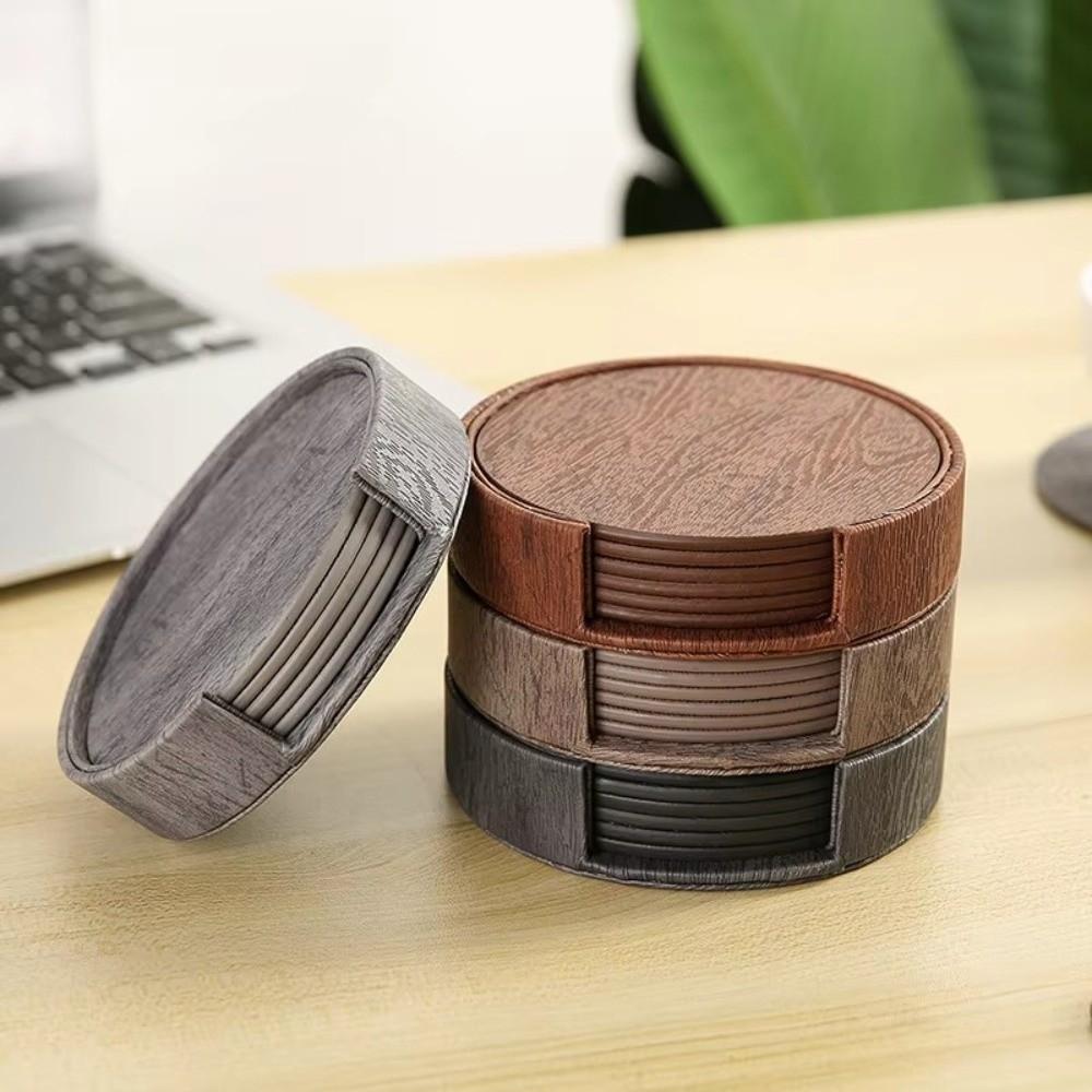 6pcs/set Wood Grain Leather Coasters Double-sided Tea and Coffee Cup Mat Insulated Rack Heatproof Cup Pads Placemats