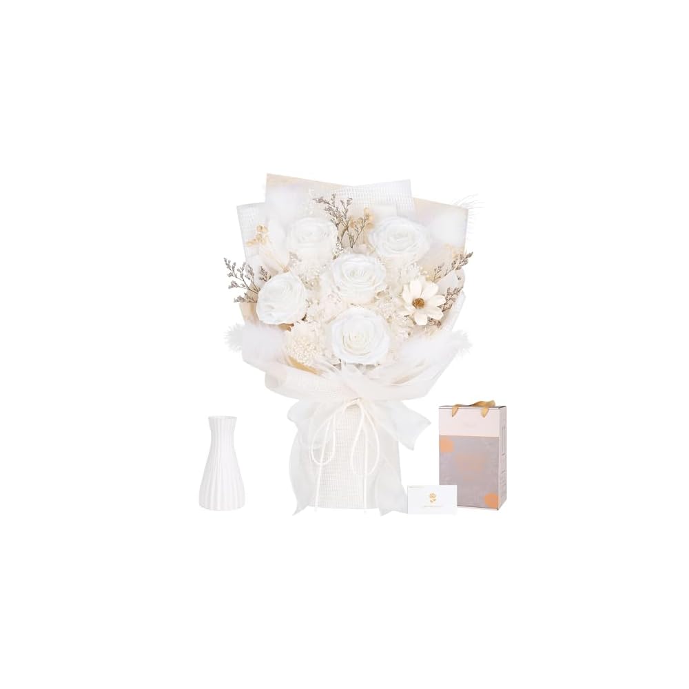 Preserved Flower Bouquet: 5 White Roses with Vase. A popular gift for women, perfect for birthdays,