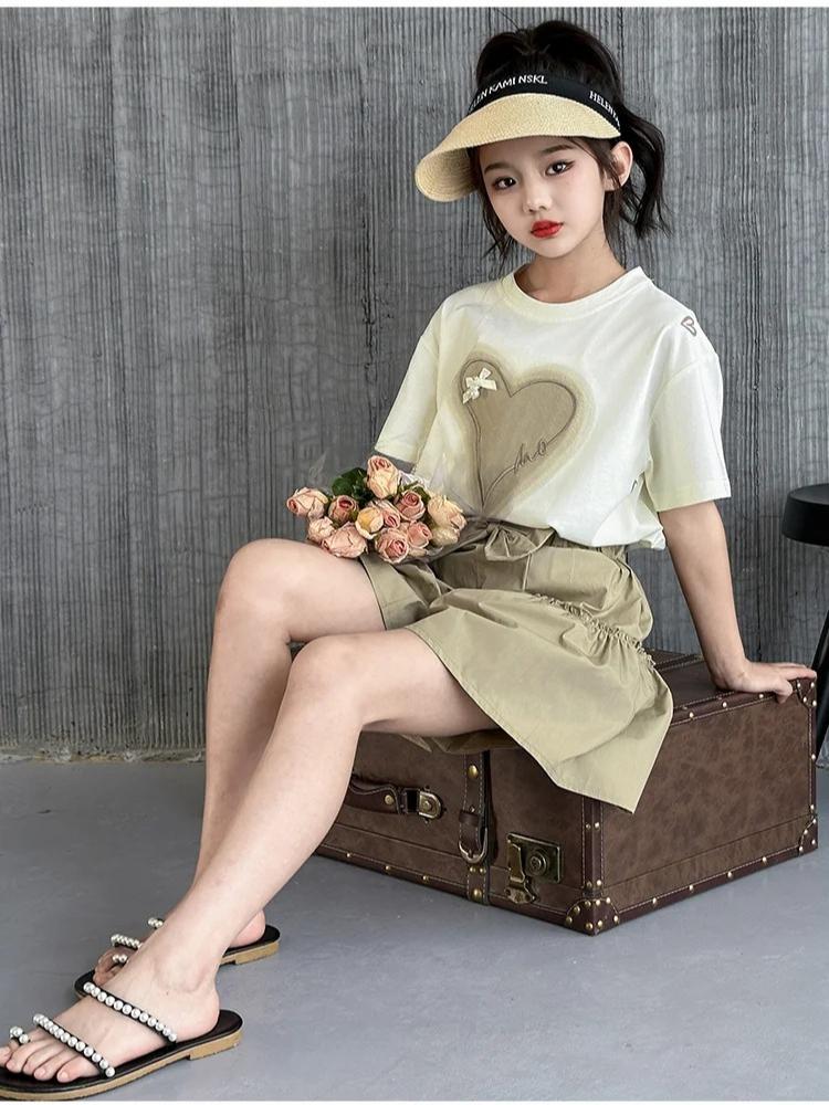 Summer Girls Heart T-Shirt + Khaki Shorts Set Child Short Sleeve Top and Bottom Clothes Set 2Pcs Korean Kids Suit
