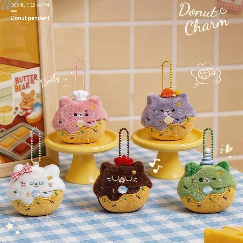 Little Cat Donut Cat Plush Keychain Soft Plush Furry Design Cute Cat Keychain Cartoon Design Dopamine Style Bag Pendant