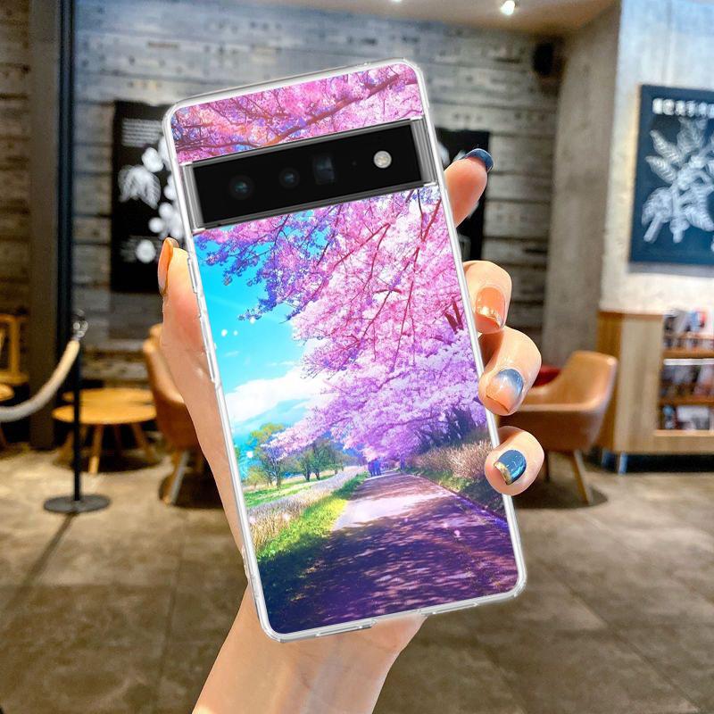 Cherry Blossoms Japanese Traint Moun Fuji For Google Pixel 8 7 6 Pro Phone Case Soft For Pixel 6A 5 4 5A 4A 3A XL 5G Clear Cover