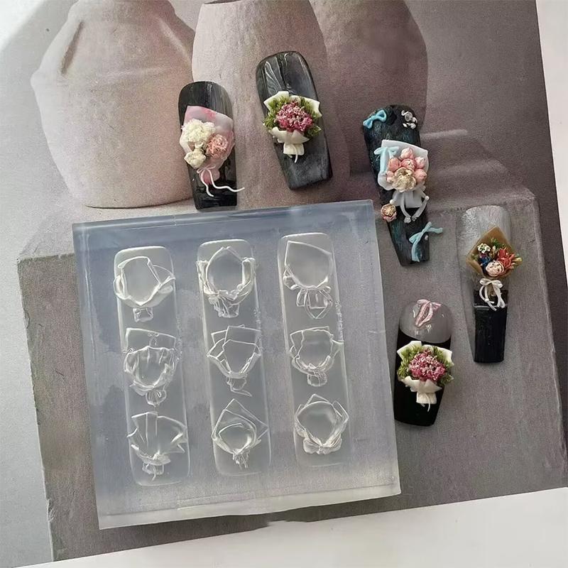 1Pcs Silicone Bow Nail Art Mold Rose Flower Bouquet Style High Transparent 3D Nail Decorations Nail Charm Diy Manicure Mold