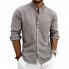 Camicia da Uomo Stile Americano Primavera Estate Lino a Righe Larga Casual Collo Alto Manica Lunga Tasche Taglia S