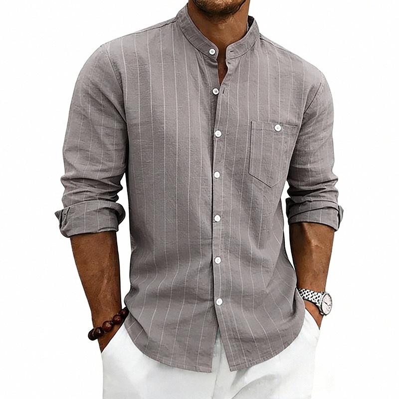 Camicia da Uomo Stile Americano Primavera Estate Lino a Righe Larga Casual Collo Alto Manica Lunga Tasche Taglia S