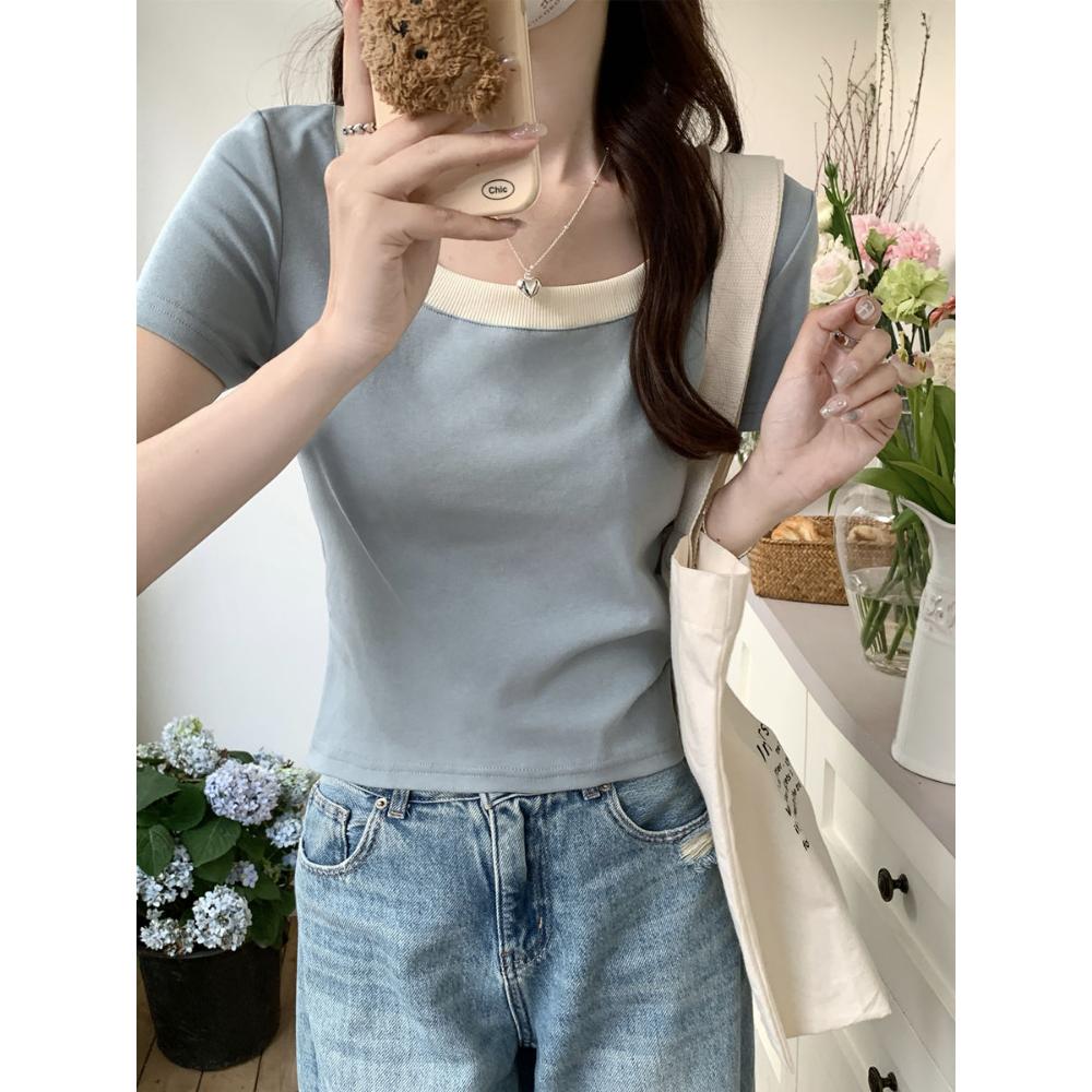 Contrast Color U-neck Front Shoulder Short-sleeved T-shirt for Women Summer New Pure Cotton T-shirt Slim Small Short Top