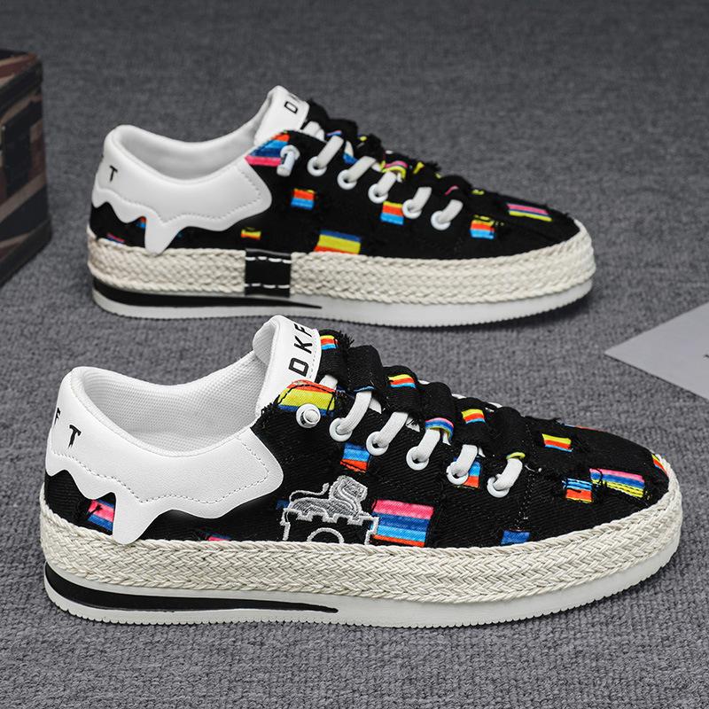 

2024 летние новые мужские низкие парусиновые туфли на платформе с подошвой для студентов, скейтборд, прямая трансляция, универсальные спортивные мужские туфли в гонконгском стиле 39 чёрный