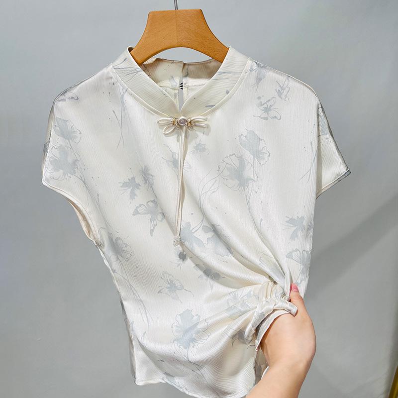Stand-collar Retro Satin Jacquard Shirt for Women New Women's New Chinese Pleated Waist Top