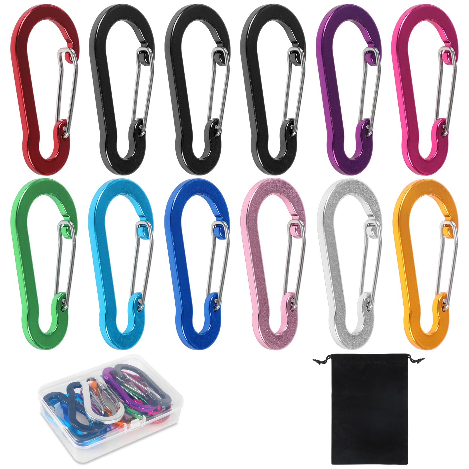 FINGOOO Carabiner 7CM Set of 12 with Storage Bag, Large, Approximately 70mm x 37mm