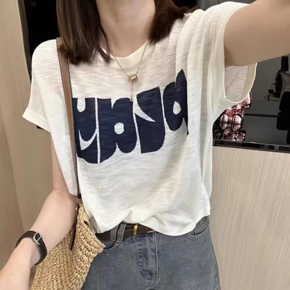

Summer New Women s T-shirt worsted Wool Knit Pullover Short Sleeved Tops Casual Fashion Loose Round Neck Embroidery Thin Tees M