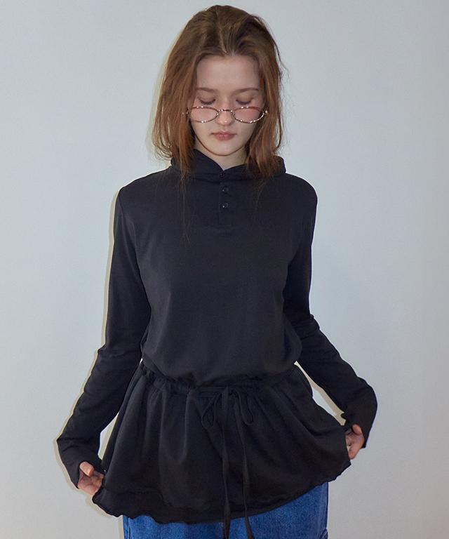 Ronron Drawstring Ruffle Layered Long Sleeve Hoodie Dress Black