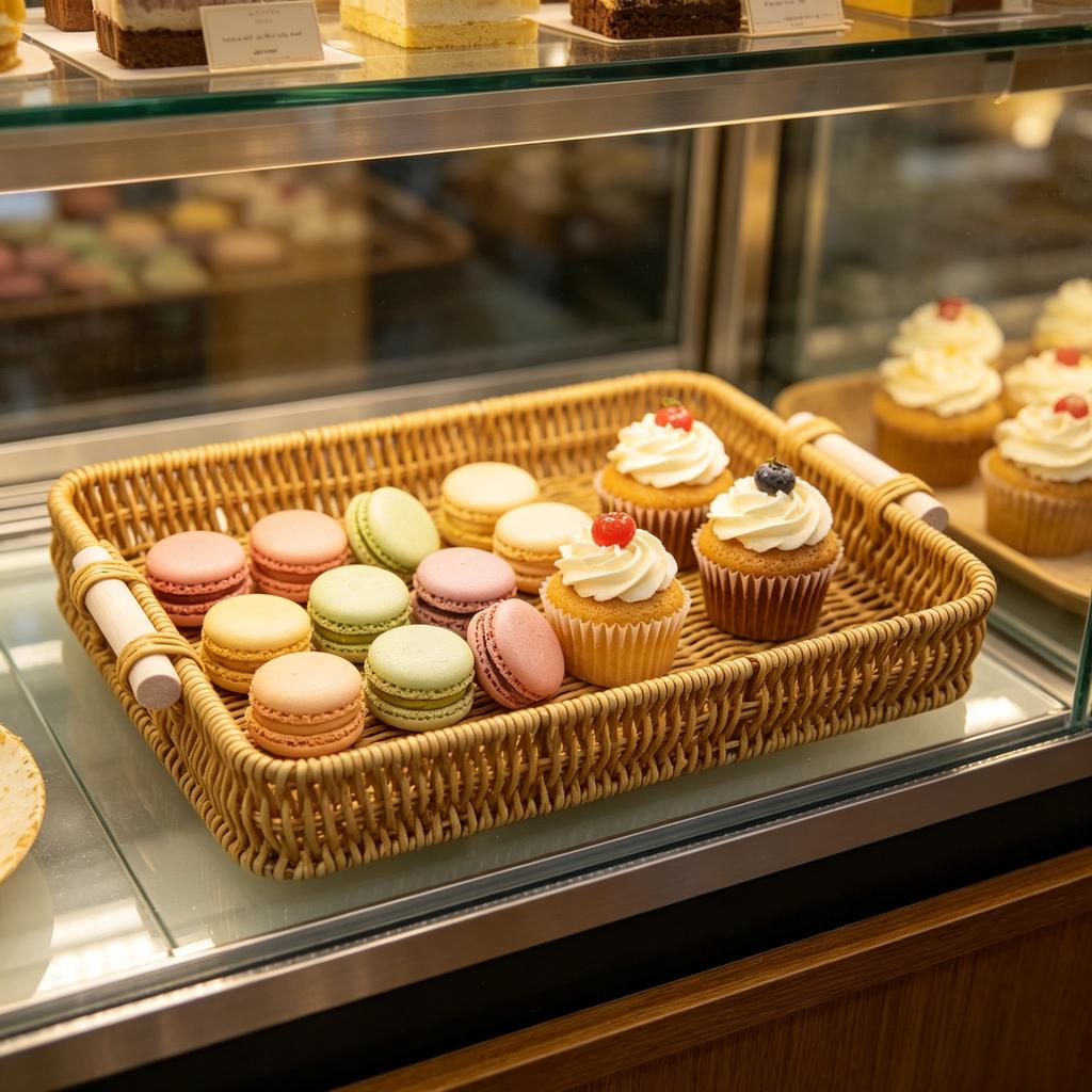 Handwoven Imitation Rattan Serving Tray with Wooden Handles Rustic Basket for Bakery Cafe Hotel Afternoon Tea Home Storage Decor