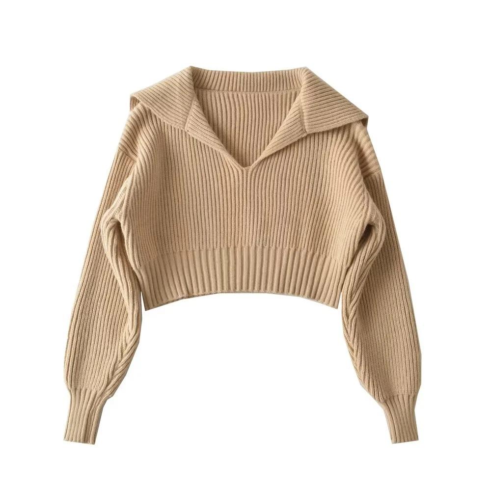 Spring and Autumn Four-color Loose Large Lapel Peplum Knit Sweater Women Fashion Loose Short Sweater Sweater Sweater Comfortable and Versatile