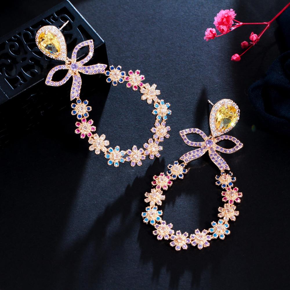 WWJ Graceful Gold Color Multicolor Cubic Zirconia Bowknot Flower Drop Earrings