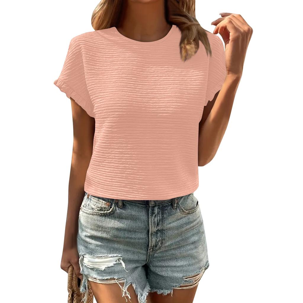 Elegant Solid Color Striped Casual Round Neck Short-sleeved T-shirt Top
