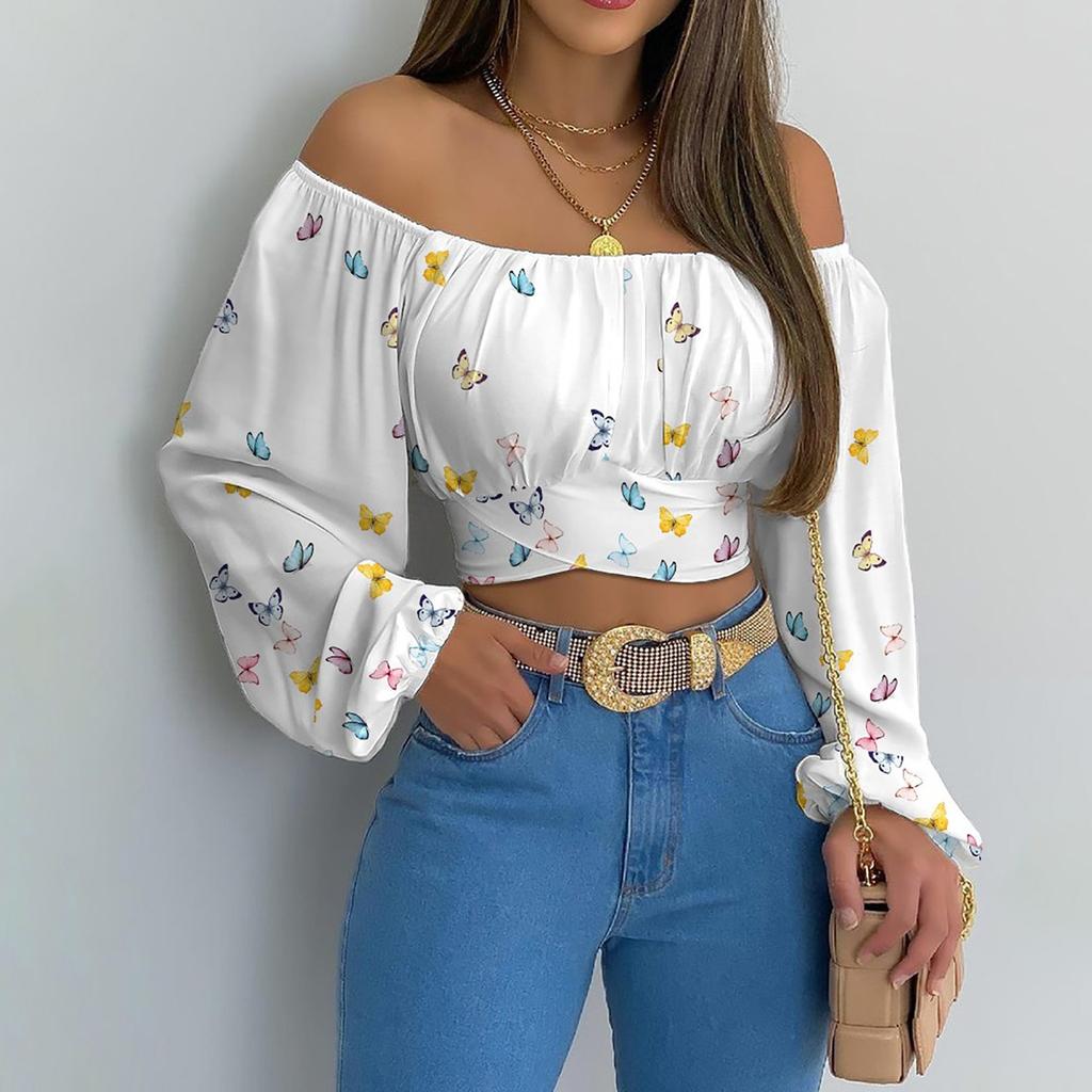 Women's Fashion Casual Summer Off Shoulder Cross Strap Long Sleeved Top