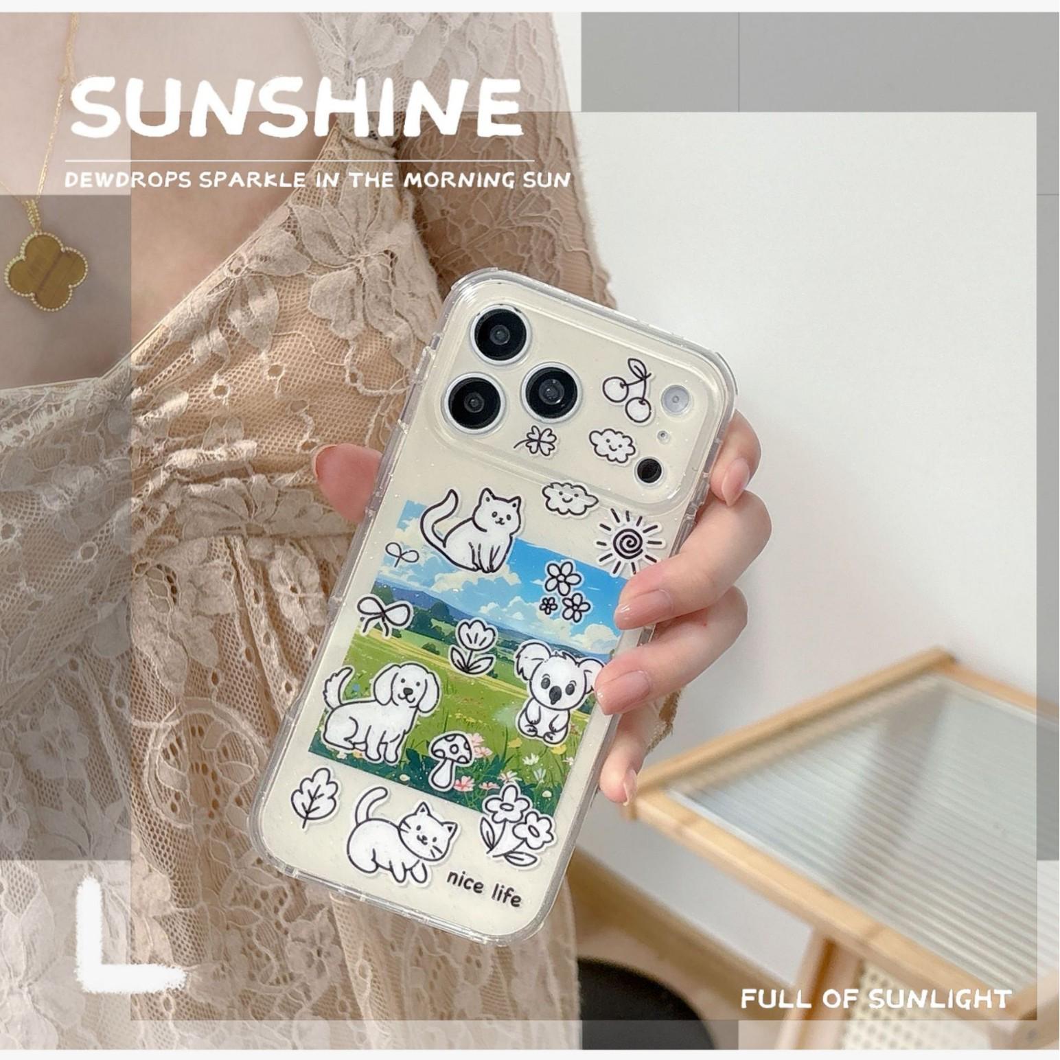 

Pastoral Grass Design Cat & Puppy iPhone 17 Pro Max/16/15 Case for Women iPhone 15 Pro Max