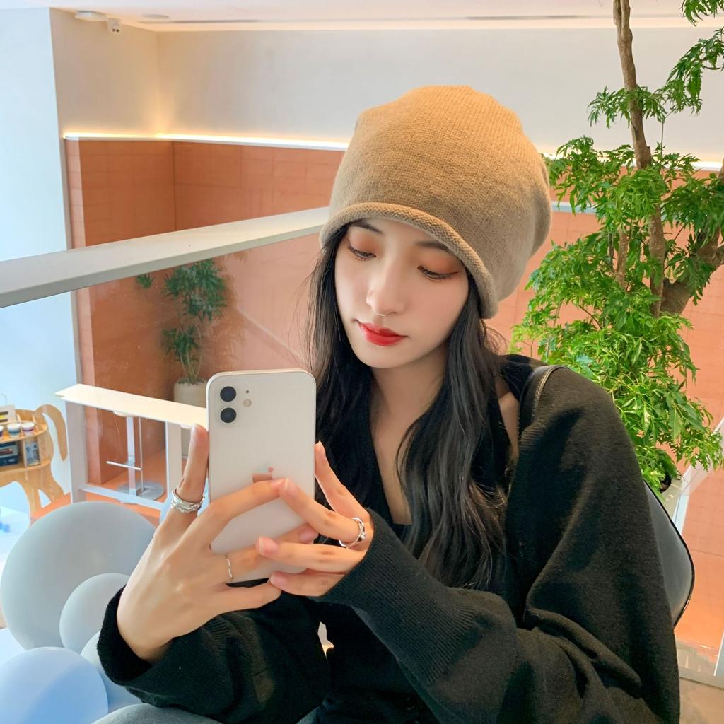 Big Head Circumference Drawstring Knitted Stacking Hat Women's Curled Edge Pullover Cold Hat Showing Face Small Bag Head Confinement Hat