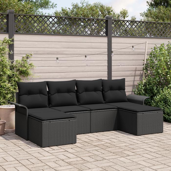 VidaXL Ensemble de Canapés de Jardin 6 Pièces avec Coussins Noir Poly Rattan 3345473