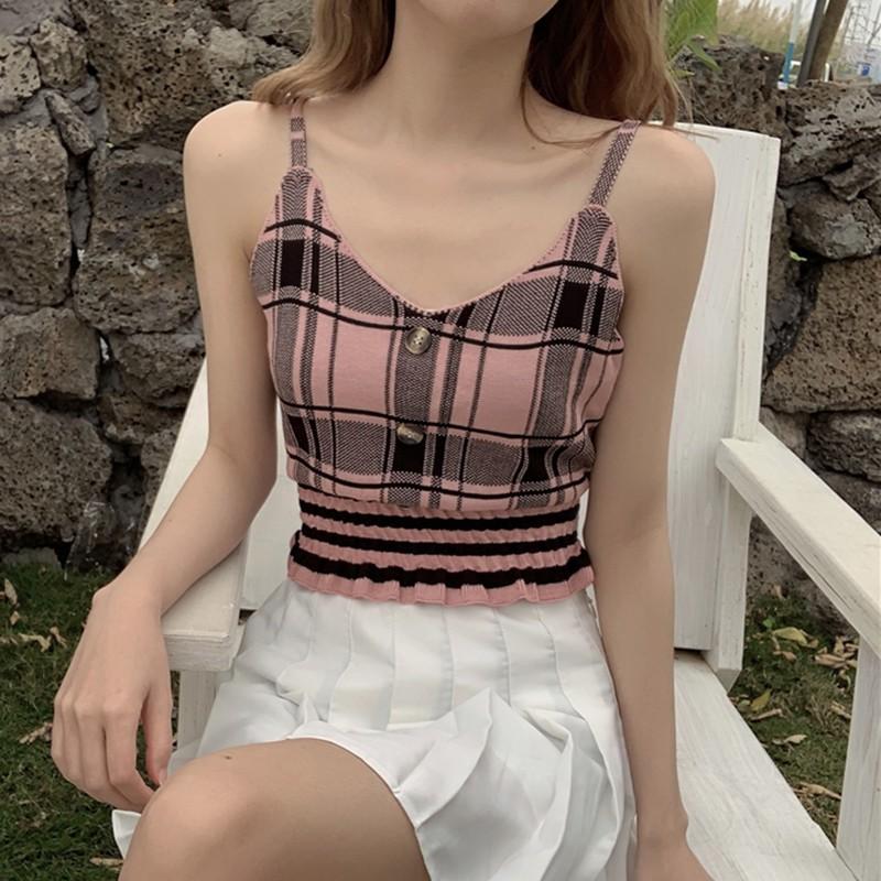 Dámské tílko s véčkovým výstřihem a kostkovaným topem, ležérní vesta bez rukávů