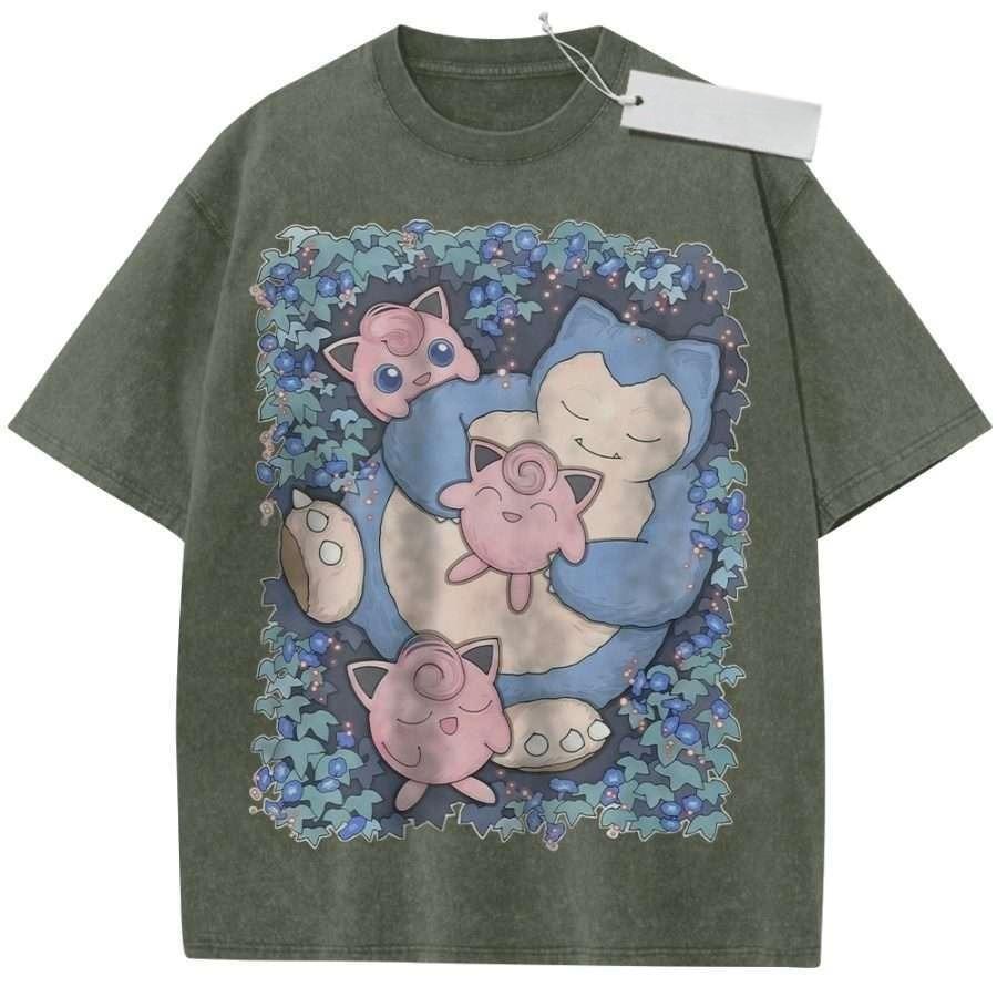 T Shirt Sports T Shirt Short Sleeve T Shirt Purple Unisex Pure Cotton Washed Vintage Pokemon Anime Jigglypuff Snorlax Print