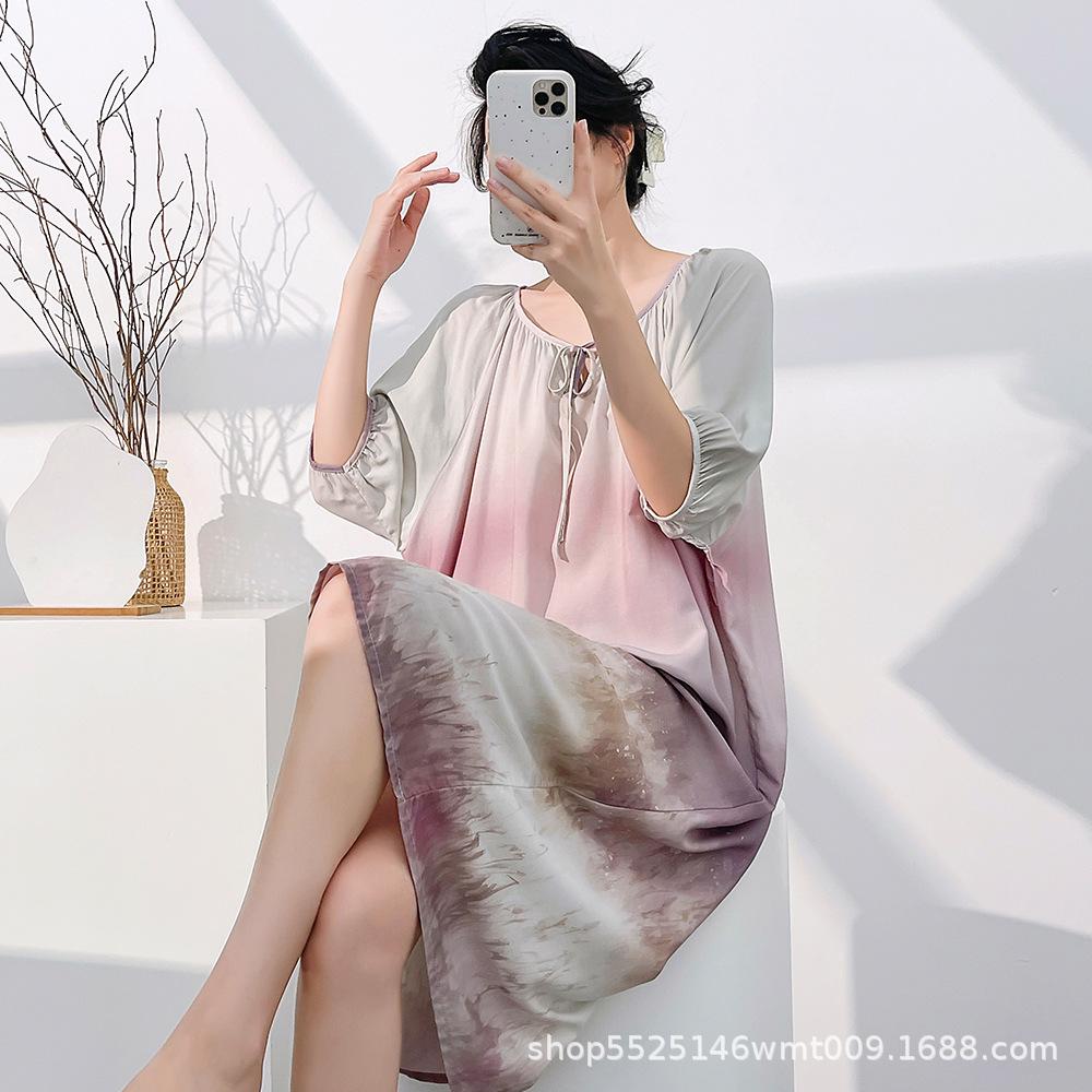 1011 Mu Zhensi's new cotton and silk summer dress loose round neck dress printed skirt nightdress vacation style