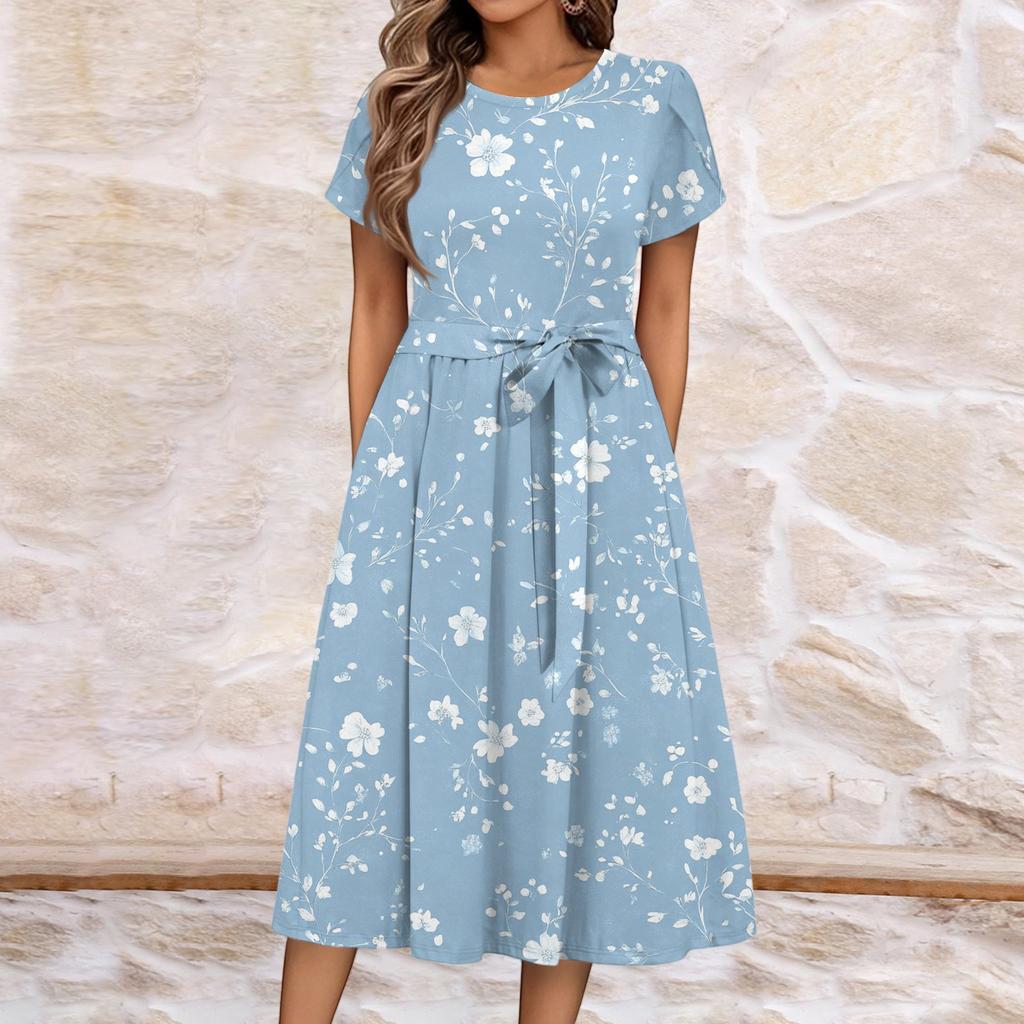 Women's Summer  Casual Floral Print  Round Neck Midi Dress Basic Classic Outdoor Everyday Short Sleeve Loose Dress