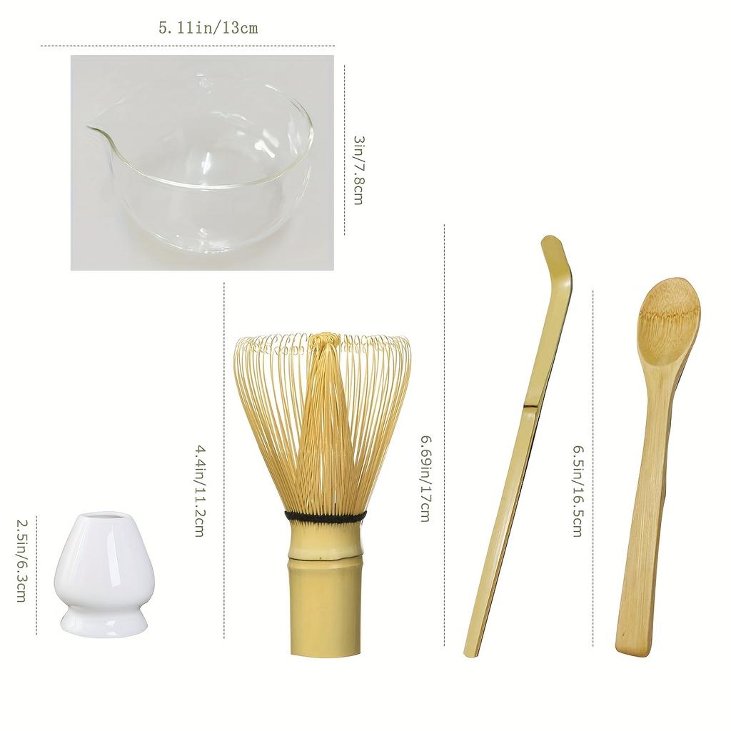Lot de 5 cuillères à matcha, Chasen Chashaku, bol à matcha en verre texturé avec bec verseur - Chawan de cérémonie du thé vert matcha fait main de style japonais