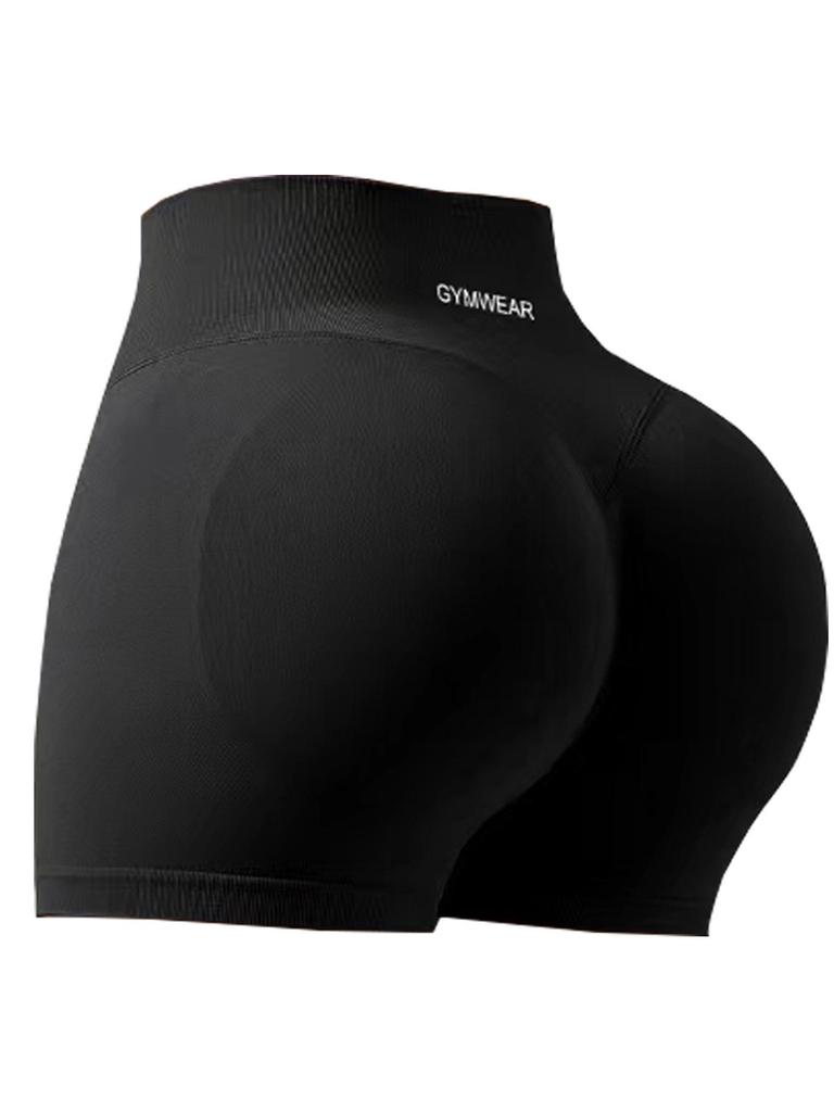 Women's Embroidered Letter Knitted Yoga Shorts with Tummy Control, Solid Color, Breathable Fabric, and Spliced Waist Design.